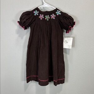 Castles‎ & Crowns Brown Smocked corduroy Sundress with Pink Floral Embroidery